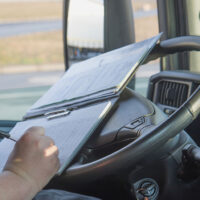 Closeup Of A Truck Driver Writing On A Clipboard Inside Of A Truck Cabin Renting Vs Buying A Trailer